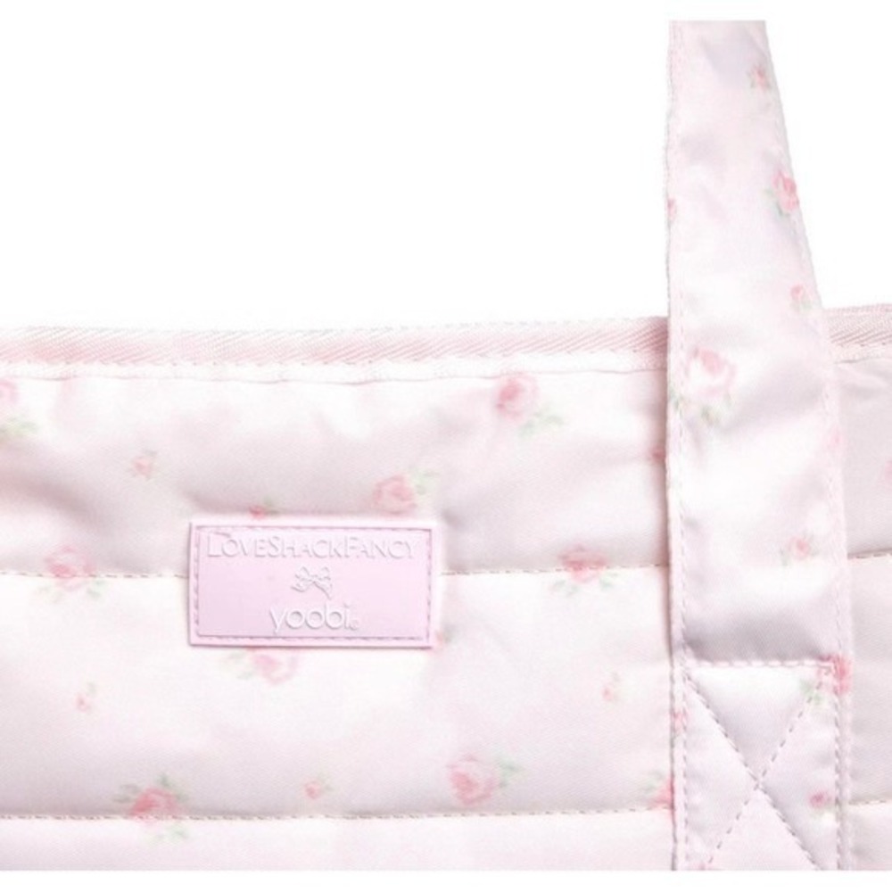 LoveShackFancy x Yoobi Pink Floral Quilted Tote Bag Laptop Sleeve Gold Bow Zip - Picture 5 of 6